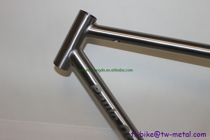 custom track bicycle frame with a long seat tube